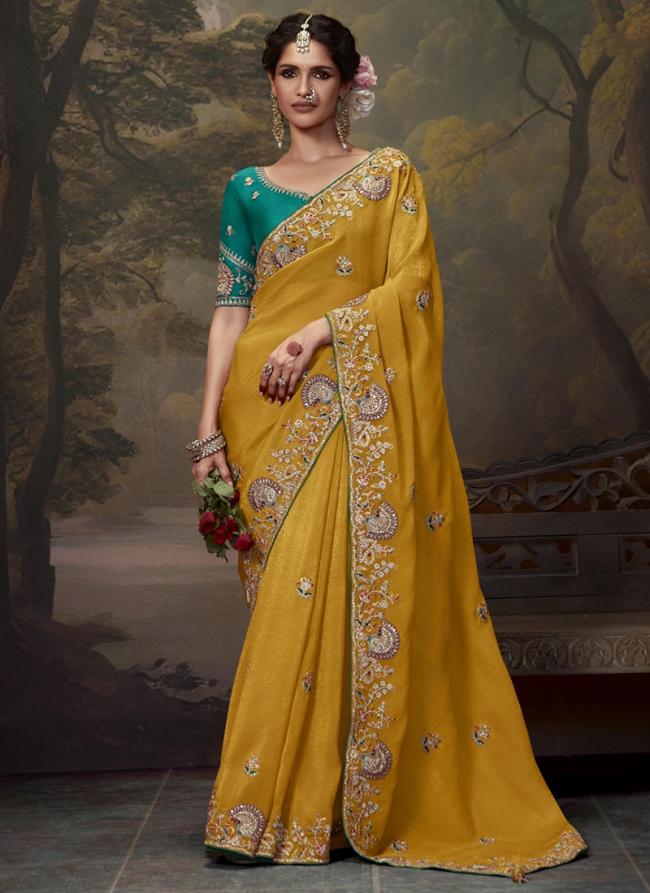 Fancy Mustard Party Wear Embroidery Work Saree